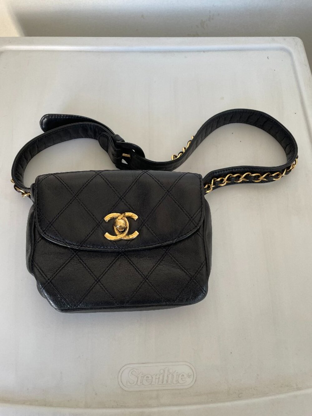 CHANEL Black Quilted Waist Bag w/ Gold Chain and original Dust Bag